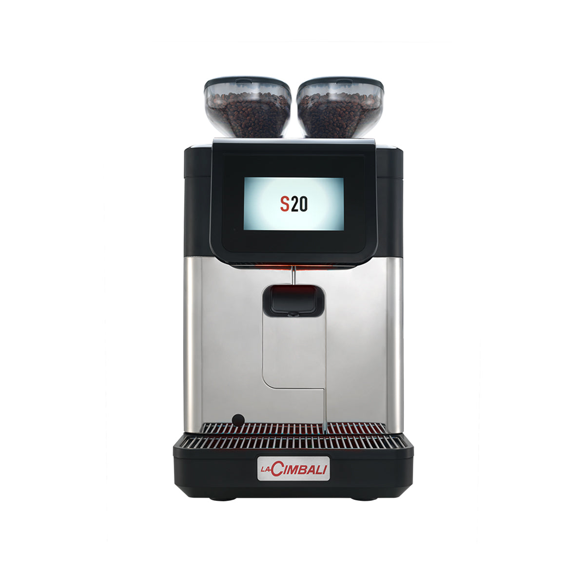 Compact La Cimbali S20 bean-to-cup coffee machine, ideal for cafés, offices, and small restaurants. Features a 10.1-inch touchscreen, Smart Boiler for energy efficiency, and Turbo Milk for high-quality milk foam. Perfect for serving up to 150 cups per day with consistent, premium Italian espresso quality.
