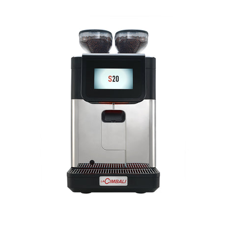 Compact La Cimbali S20 bean-to-cup coffee machine, ideal for cafés, offices, and small restaurants. Features a 10.1-inch touchscreen, Smart Boiler for energy efficiency, and Turbo Milk for high-quality milk foam. Perfect for serving up to 150 cups per day with consistent, premium Italian espresso quality.
