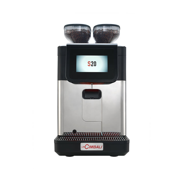 Compact La Cimbali S20 bean-to-cup coffee machine, ideal for cafés, offices, and small restaurants. Features a 10.1-inch touchscreen, Smart Boiler for energy efficiency, and Turbo Milk for high-quality milk foam. Perfect for serving up to 150 cups per day with consistent, premium Italian espresso quality.