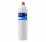 White cylindrical filter with blue label on a white background