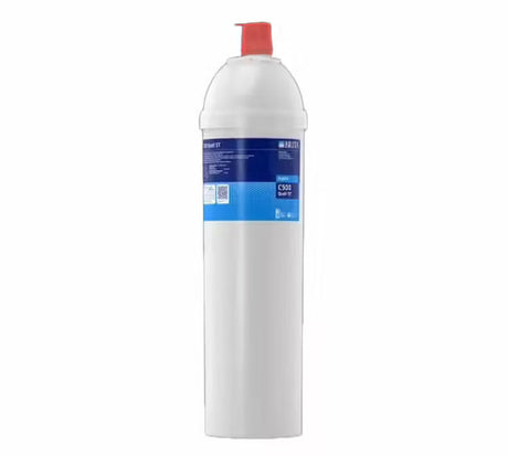 White cylindrical filter with blue label on a white background