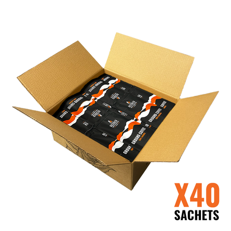 Open cardboard box containing 40 black and orange sachets with visible branding.