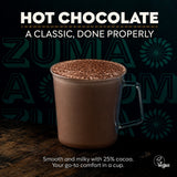Mug of hot chocolate with Zuma logo and text about hot chocolate