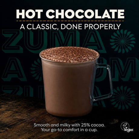 Mug of hot chocolate with Zuma logo and text about hot chocolate